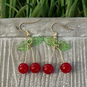 Cherry Drop Earrings with Green Leaf Accents NEW goldtone wires red cherries